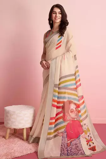 Cream printed linen casual saree with blouse piece