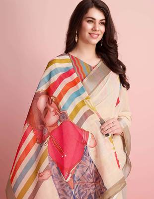 Cream printed linen casual saree with blouse piece 3