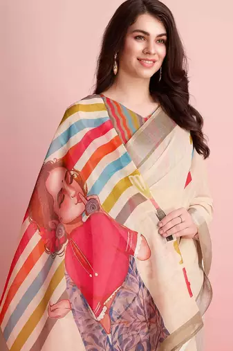 Cream printed linen casual saree with blouse piece
