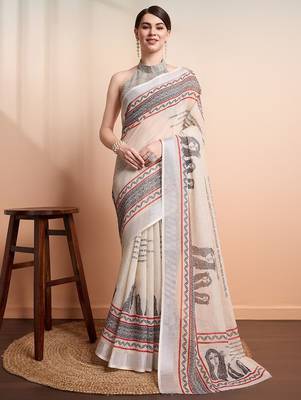 Cream printed linen casual saree with blouse piece 1