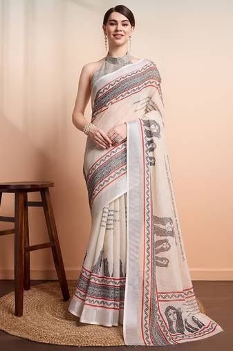 Cream printed linen casual saree with blouse piece