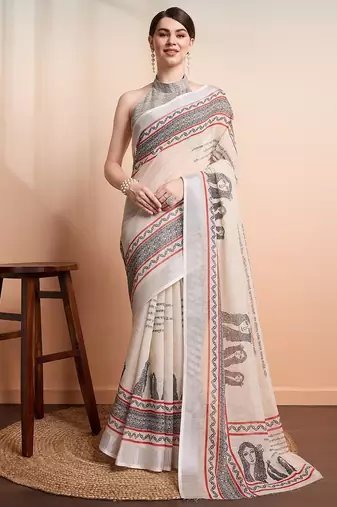 Cream printed linen casual saree with blouse piece