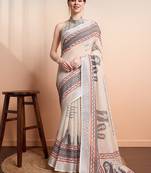Cream printed linen casual saree with blouse piece