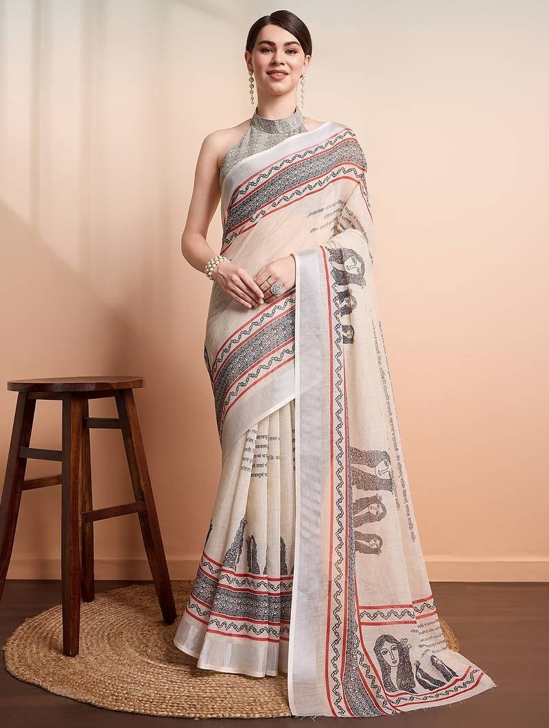 Cream printed linen casual saree with blouse piece