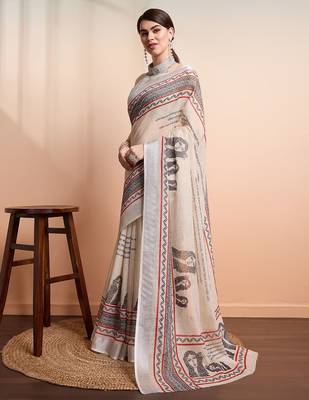 Cream printed linen casual saree with blouse piece 2