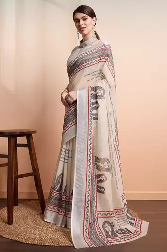 Cream printed linen casual saree with blouse piece
