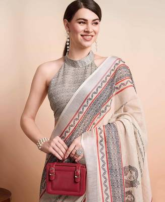 Cream printed linen casual saree with blouse piece 3