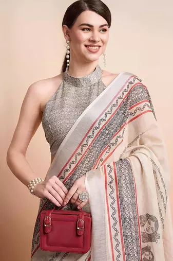 Cream printed linen casual saree with blouse piece