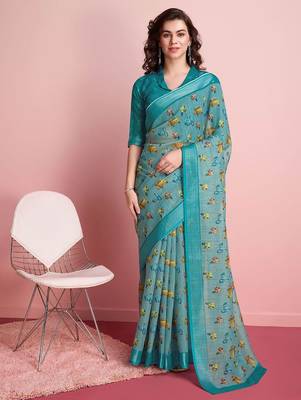 Blue printed linen casual saree with blouse piece 1