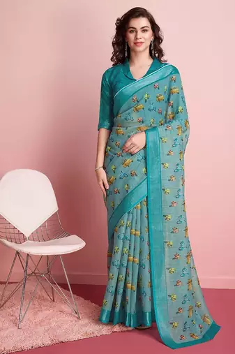 Blue printed linen casual saree with blouse piece