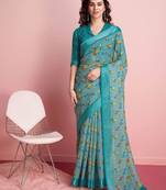Blue printed linen casual saree with blouse piece