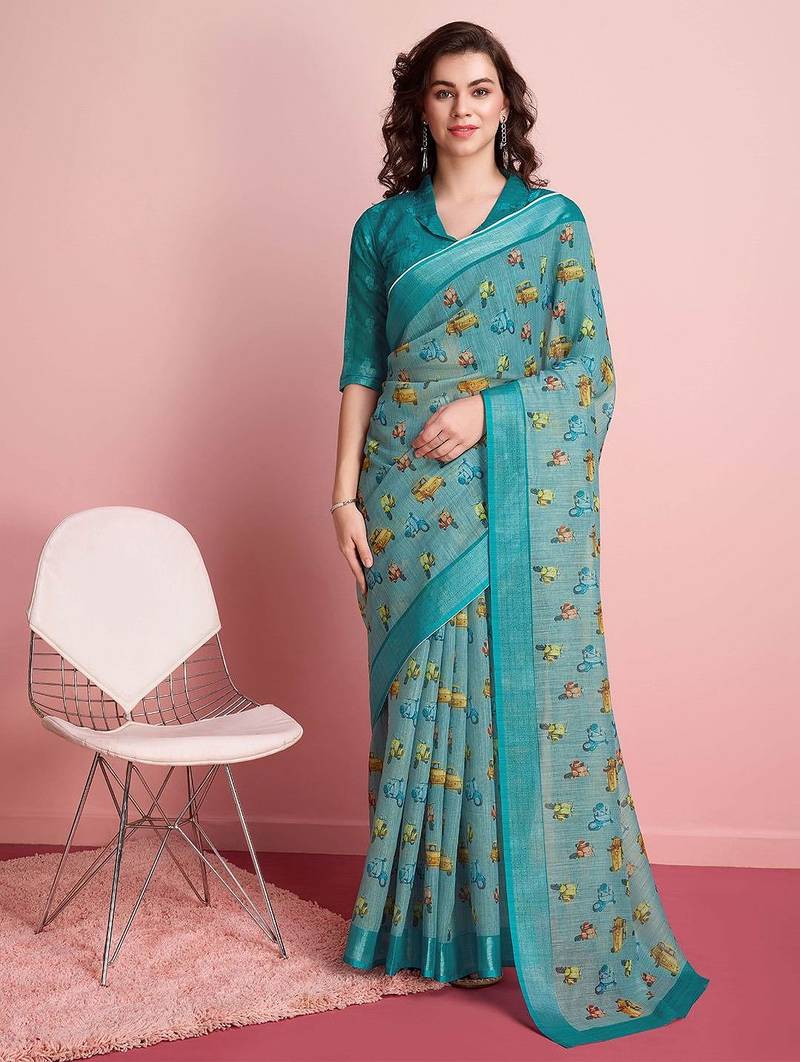 Blue printed linen casual saree with blouse piece