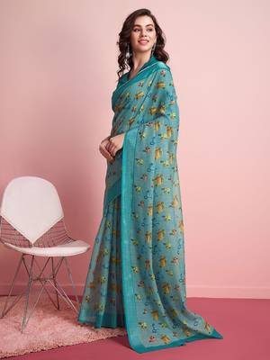 Blue printed linen casual saree with blouse piece 2