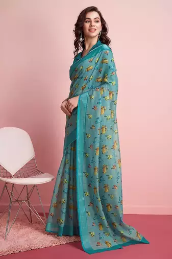 Blue printed linen casual saree with blouse piece