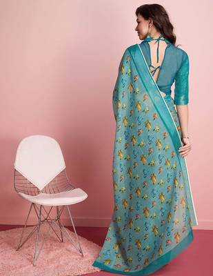 Blue printed linen casual saree with blouse piece 3