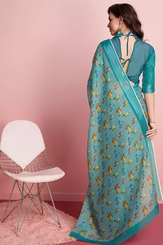 Blue printed linen casual saree with blouse piece