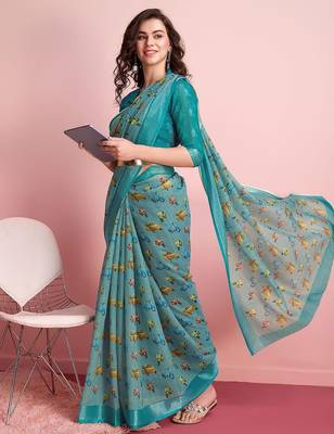 Blue printed linen casual saree with blouse piece 4