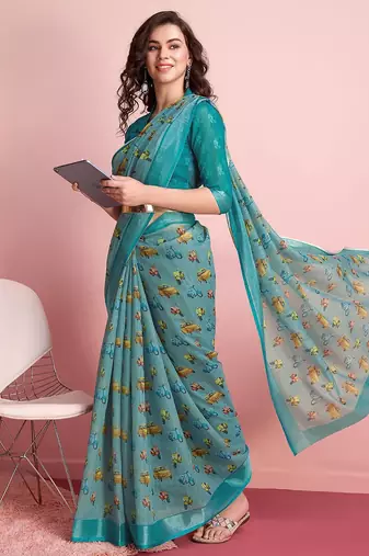 Blue printed linen casual saree with blouse piece