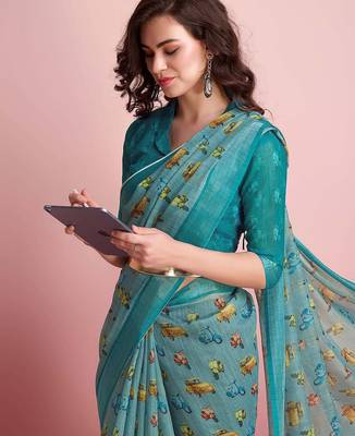 Blue printed linen casual saree with blouse piece 5