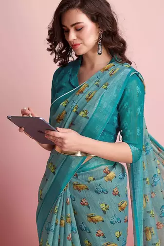 Blue printed linen casual saree with blouse piece