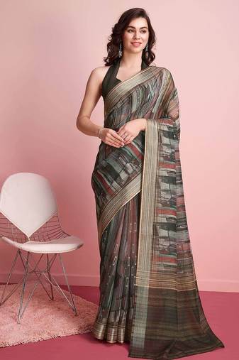 Grey printed linen casual saree with blouse piece