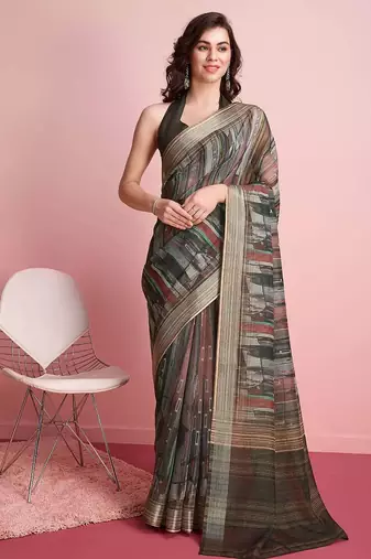 Grey printed linen casual saree with blouse piece