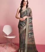 Grey printed linen casual saree with blouse piece