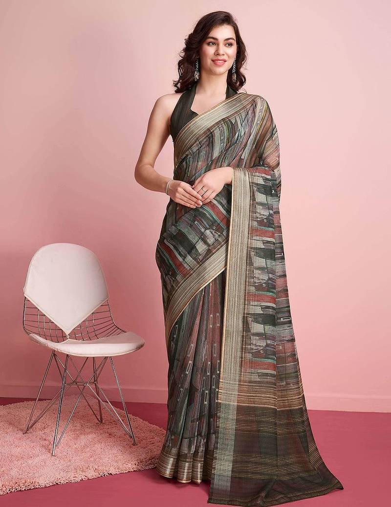 Grey printed linen casual saree with blouse piece