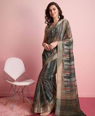 Grey printed linen casual saree with blouse piece 2