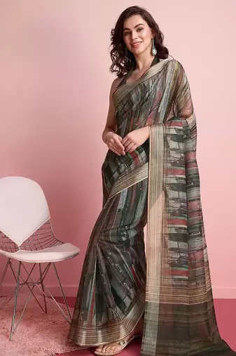 Grey printed linen casual saree with blouse piece