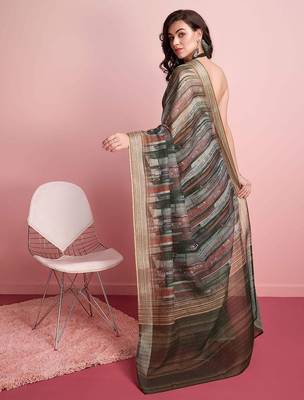 Grey printed linen casual saree with blouse piece 3