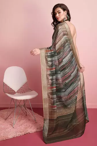 Grey printed linen casual saree with blouse piece