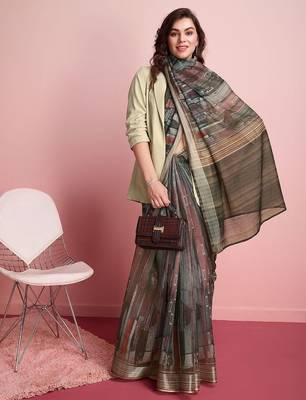 Grey printed linen casual saree with blouse piece 4
