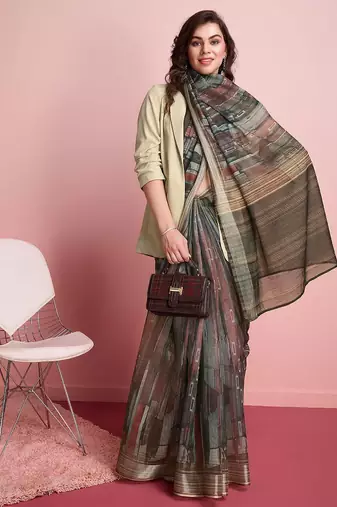 Grey printed linen casual saree with blouse piece