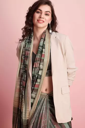 Grey printed linen casual saree with blouse piece