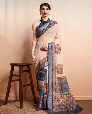 Cream printed linen casual saree with blouse piece 1