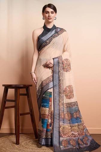 Cream printed linen casual saree with blouse piece