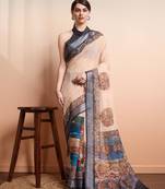 Cream printed linen casual saree with blouse piece