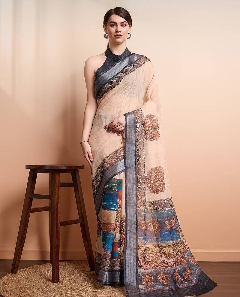 Cream printed linen casual saree with blouse piece