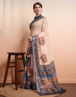 Cream printed linen casual saree with blouse piece 2