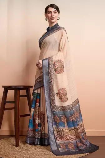 Cream printed linen casual saree with blouse piece