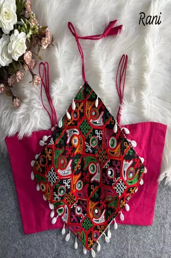 Women's rani pink navratri blouse | kutchi embroidered noodles strap choli | hand mirror work cotton blouse