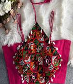 Women's rani pink navratri blouse | kutchi embroidered noodles strap choli | hand mirror work cotton blouse
