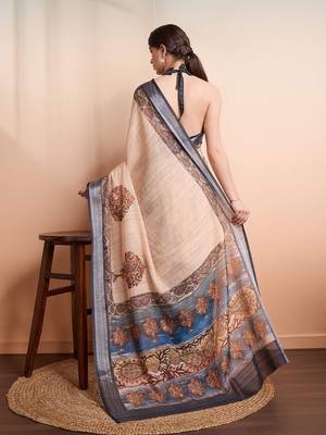 Cream printed linen casual saree with blouse piece 3