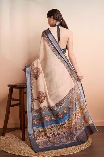 Cream printed linen casual saree with blouse piece