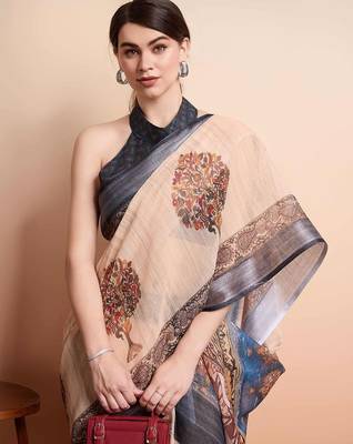 Cream printed linen casual saree with blouse piece 4