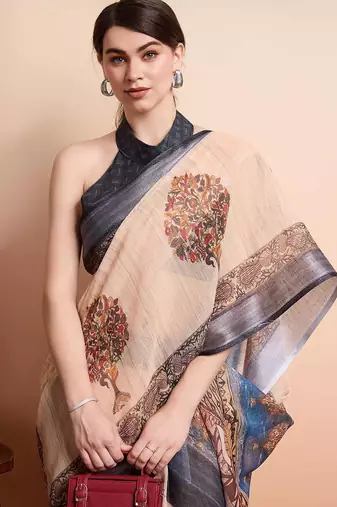 Cream printed linen casual saree with blouse piece