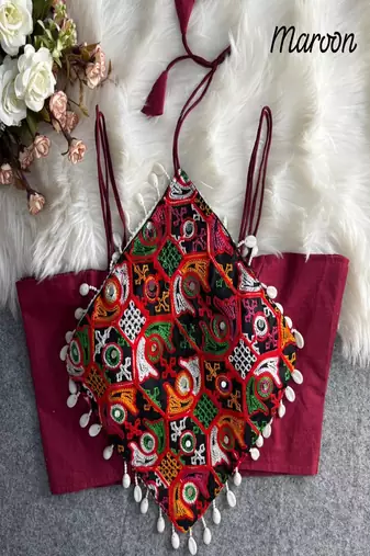 Women's maroon navratri blouse | kutchi embroidered noodles strap choli | hand mirror work cotton blouse