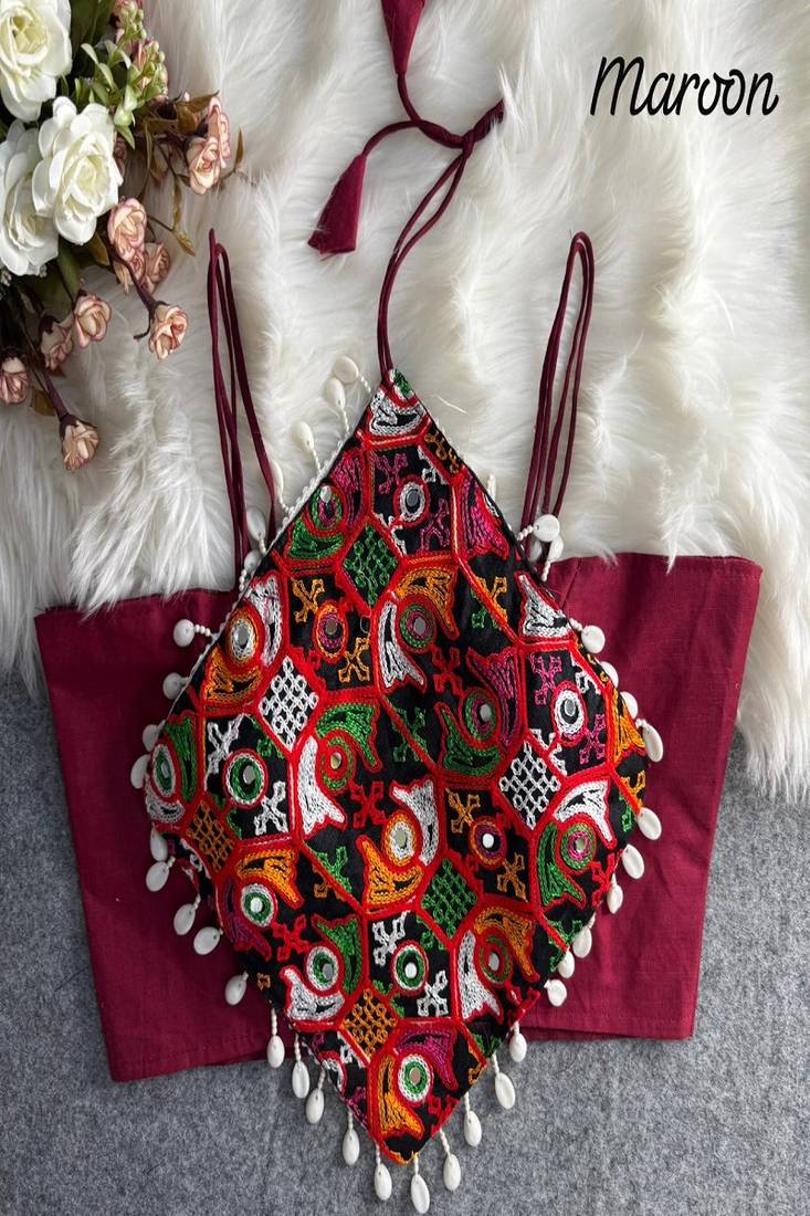 Women's maroon navratri blouse | kutchi embroidered noodles strap choli | hand mirror work cotton blouse