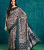 Blue printed blended cotton designer saree with blouse piece